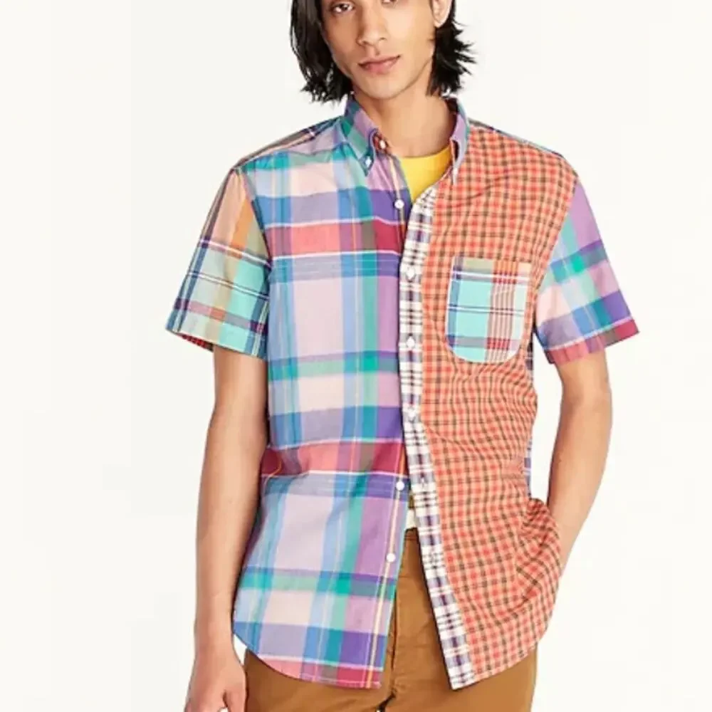 J. Crew mixed plaid Relaxed short sleeve Indian madras shirt